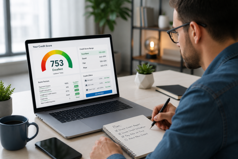 Person reviewing a credit score dashboard before applying for a loan.