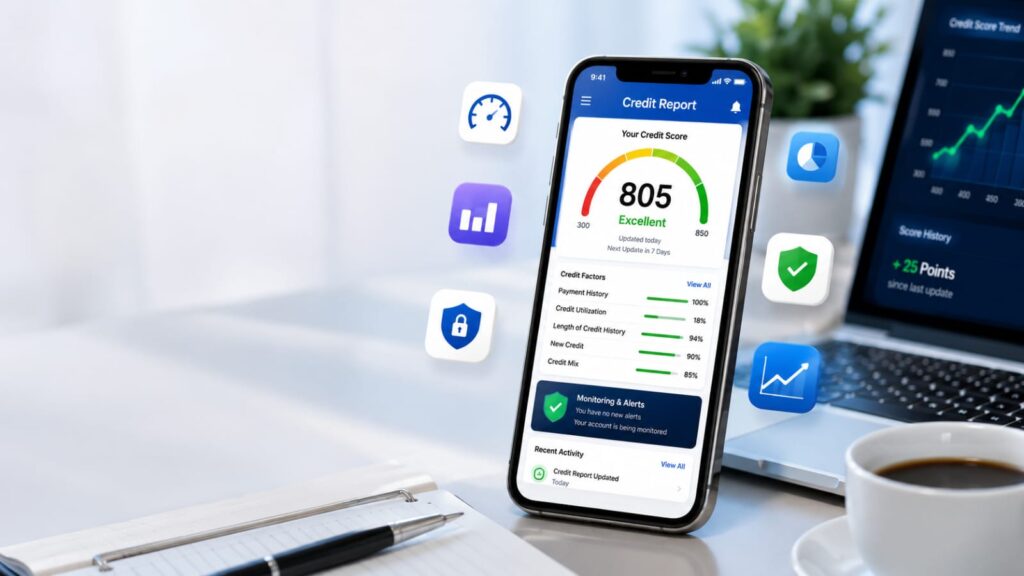 Best Credit Report Apps in USA (2026) comparison showing a smartphone with a credit score dashboard and credit monitoring features.