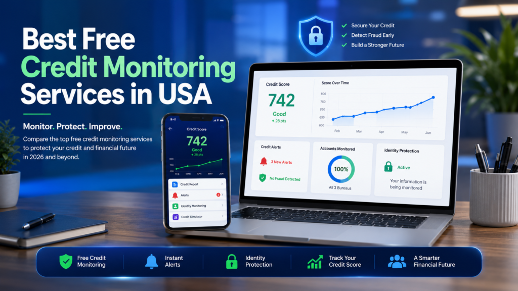 Best Free Credit Monitoring Services in USA showing secure credit score monitoring and fraud alerts