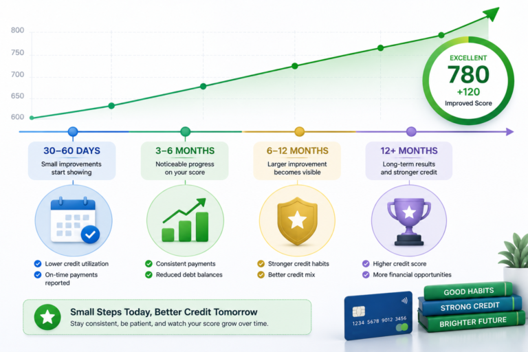 Credit score improvement timeline from 30 days to 12 months
