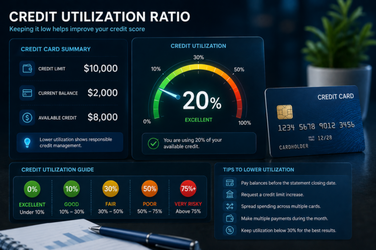 Digital dashboard illustrating a low credit utilization ratio on a credit card.