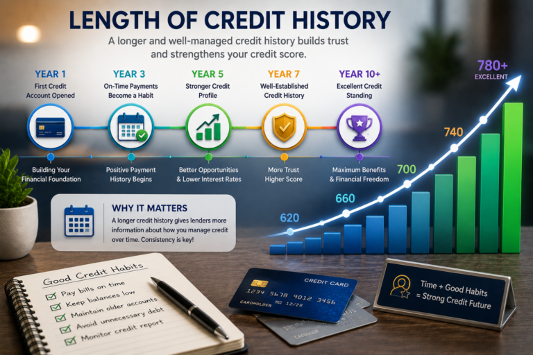 Timeline illustrating the importance of a long credit history for maintaining a strong credit score.