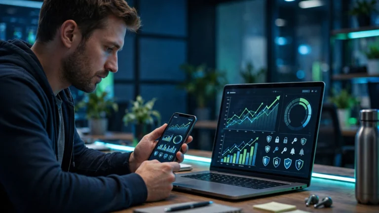 Person monitoring a FICO Score using a laptop and smartphone.