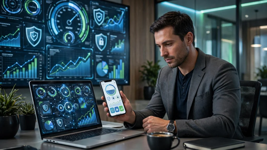American professional comparing the best free FICO Score apps on a smartphone and laptop.