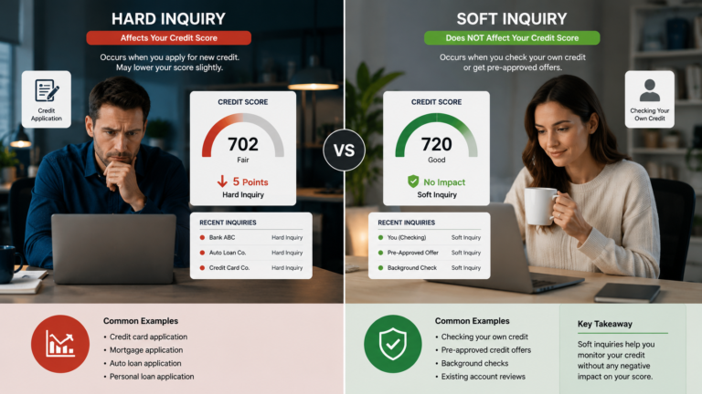 Comparison of hard inquiries and soft inquiries on a digital credit report.