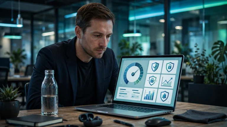 Experian credit monitoring dashboard on a laptop.