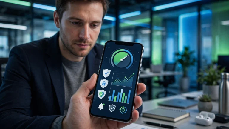 Person checking a secure FICO Score dashboard on a smartphone.