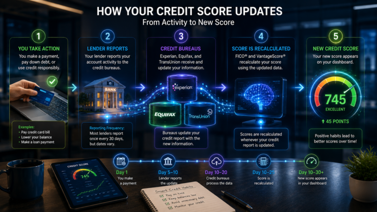 Digital timeline showing how FICO and VantageScore update after lenders report information.