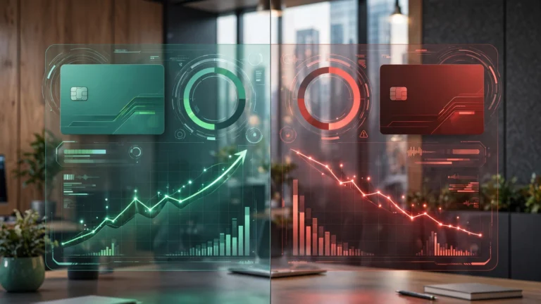 Digital dashboard showing high credit utilization reducing a credit score.