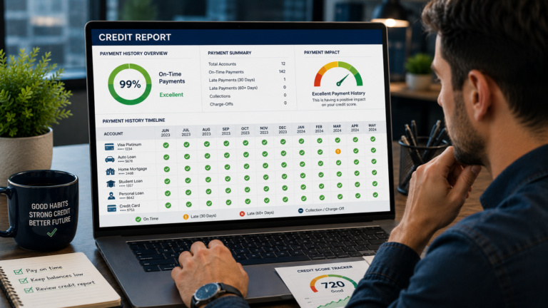 Professional reviewing payment history records on a digital credit report.