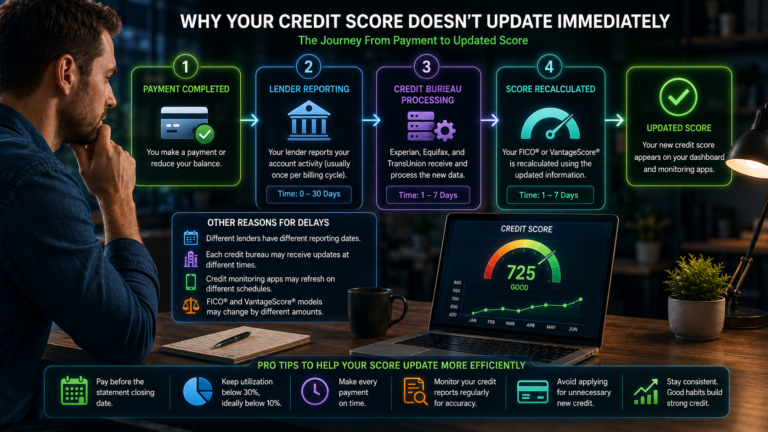 Professional reviewing delayed credit score updates on a financial dashboard.