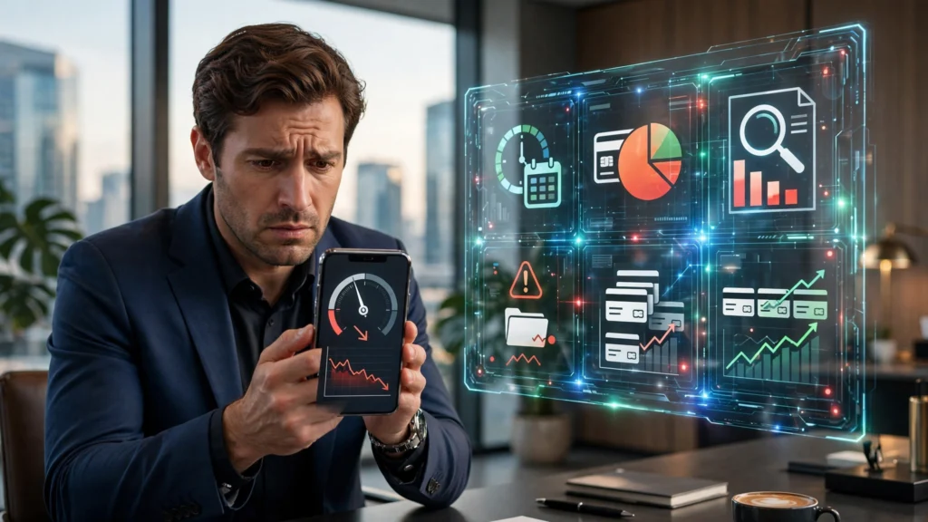 American professional looking at a smartphone showing a sudden credit score drop while reviewing a digital credit report in a modern fintech office.